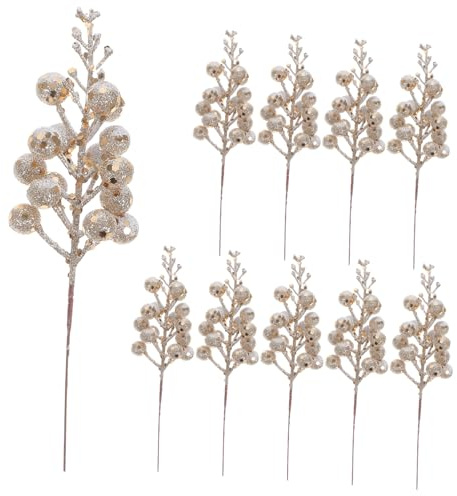 Toyvian Bayas Artificiales Navideñas 10 Piezas, Tallos Decorativos Color Dorado Claro y Blanco, Ramas para Decoración De Árbol De Navidad, Plantas y Flores Artificiales para Fiestas y Manualidades