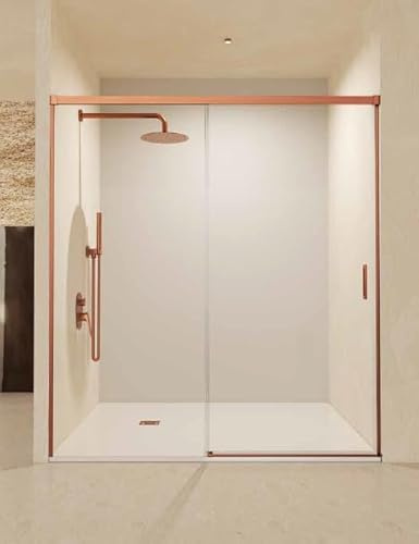 Mice - Mampara de Baño Frontal / 1 Panel Fijo + 1 Puerta Corredera/Mampara de bañera/Cerramiento de ducha/Mampara corredera con perfilería de aluminio color Oro Rosa Cepillado/Medida 140 x 195 cm