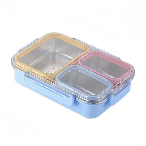 Lonchera de acero inoxidable a prueba de fugas con tres compartimentos y tapas transparentes, contenedor resistente a la corrosión para llevar una variedad de alimentos mientras los mantiene separados
