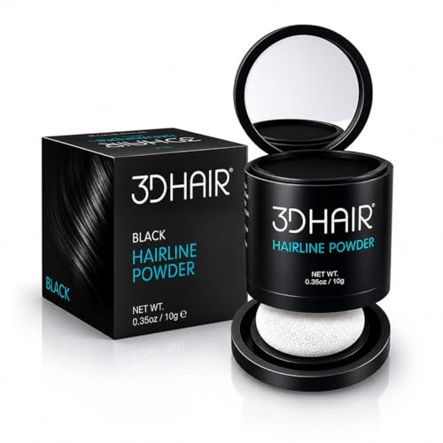 3D Hair Root Touch Up & Hairline Powder 10g – Covers Grey Roots & Thinning Hair – Sweat & Water Resistant – Hair Concealer for Bald Spots & Fill-In for Men & Women (Black)