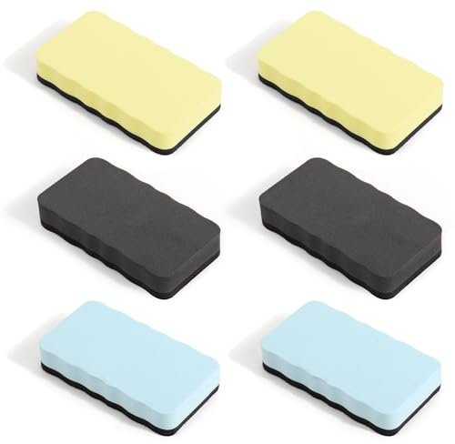 Cancellino Lavagna Magnetica Set da 6 Pezzi, Spugna per Lavagna Bianca a Secco in 3 Colori (2 Giallo, 2 Blu, 2 Nero), Gomma Magnetica per Lavagna, Frigorifero e Vetro, Ideale per Scuola e Ufficio
