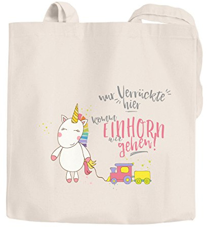MoonWorks Jutebeutel Nur Verrückte hier komm Einhorn wir gehen Unicorn Sprüche Spruch Baumwolltasche Stoffbeutel Tragetasche natur 2 lange Henkel