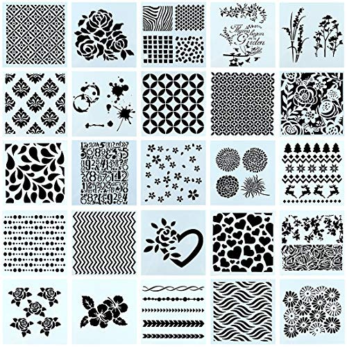 Swpeet Kit di 25 stencil per pittura con motivo misto, stencil in plastica, stencil quadrati per diario, diario, pittura, artigianato, diario, quaderno, diario, scrapbooking, fai da te