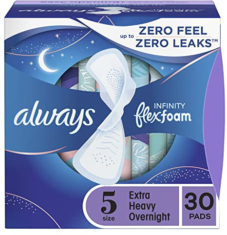 Always Infinity Feminine Binden für Damen, Flexfoam-Einlagen mit Flügeln, Größe 5, extra schwere Saugfähigkeit über Nacht, geruchlos, 30 Stück