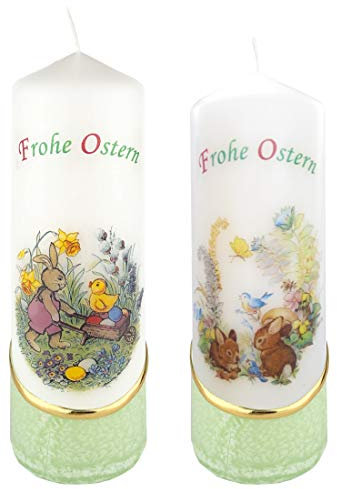 Meissner-Handel Auswahl * 2 Stück Osterkerze Stumpenkerze Osterdeko * 6 x 18 cm * mit farbigen Wachs- und Bildauflagen * Auswahl Motiv + Farbe * grün * (Serie 2 - Set 15/-2)