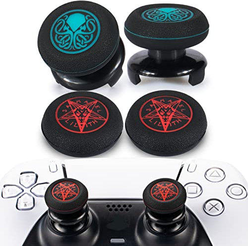 Playrealm FPS Thumbstick Extender & 3D Textur Gummi Silikon Griffabdeckung Thumb Grip Aufsätze 4 für PS5 Dualsenese & PS4 Controller(Cthulhu Blaugrün+DämonenRot)