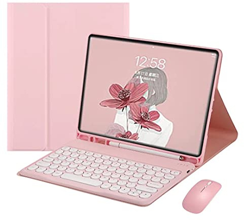 PboyiqiS Keyboard Case for iPad Mini 5/Mini 4 with Mouse, Round Key Keyboard for iPad mini5 mini4 Case with Pencil Holder, Candy Wireless Detachable Keyboard Case, Pink