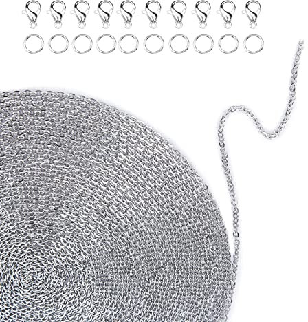 suaywo 39,4 Füße Edelstahl Kabel Kette mit 50 Stück Biegeringe und 20 Stück Verschluss Armband, Kabel Kette Halskette Ketten zum Basteln für Ornamente, Pullover-Ketten, Schmuckzubehör