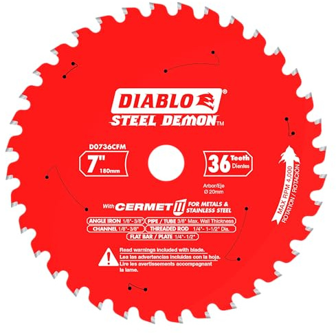 Diablo Steel Demon Cermet II Sägeblatt für dickes Metall, 17,8 cm Durchmesser, 36 TCG-Zähne, 20 mm Dorn, 1,9 cm Schnittfuge, 0° Hakenwinkel, 1,60 cm Platte, 5800 max. Drehzahl – D0736CFM