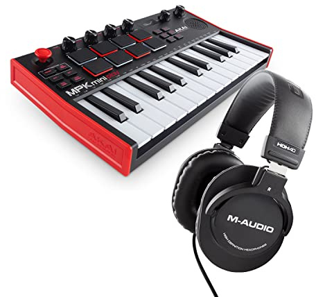AKAI Professional MPK Mini Play MK3 und M-Audio HDH40 - MIDI Keyboard Controller mit eingebautem Lautsprecher und Sounds und Over-Ear Studiokopfhörer