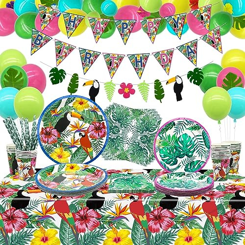 Hawaiian Luau Party Supplies - Tropical Birthday Banner, Latex Balloon, Palm Leaves, Hibiscus Flowers, Paper Plates, Napkins, Cups and Tablecloth for Aloha Summer Party Decorations, Serves 20 Guest