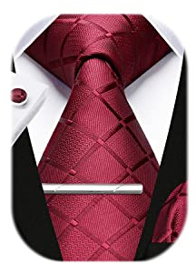 HISDERN Herren Hochzeit Krawatten und Einstecktuch Krawatte Plaid Manschettenknöpfe-Krawattenklammer-Set