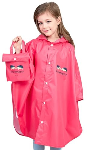 CHINYROZA Chubasquero Niña Poncho de Lluvia Impermeable Niño con Bolsa, Rosa Roja L/105-120cm