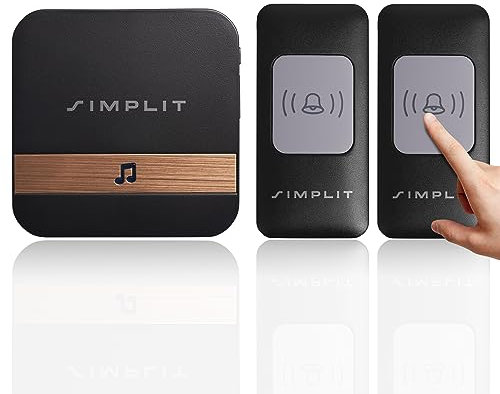 SIMPLIT “611A” Funkklingel - Klingel Haustür, Kabellose Türklingel Funk Set 200m Reichweite, IP44 Aussen Wasserdicht, 4 Tonstufen - 52 Melodien, Ring doorbell, Set, 1 Plug-In-Empfänger und 2 Sender