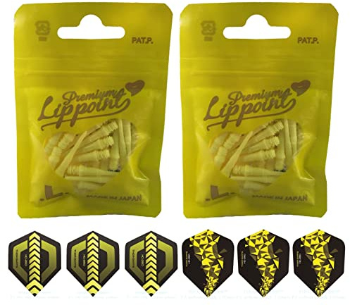 THOR-DARTS Lot de 2 pointes de fléchettes L-Style (2 x 30 pièces + 1 jeu d'ailettes) Jaune Premium Premium Lippoint 2BA Filetage standard, Plastic Soft Tip Points de fléchettes (lot de 60) 2BA Thread
