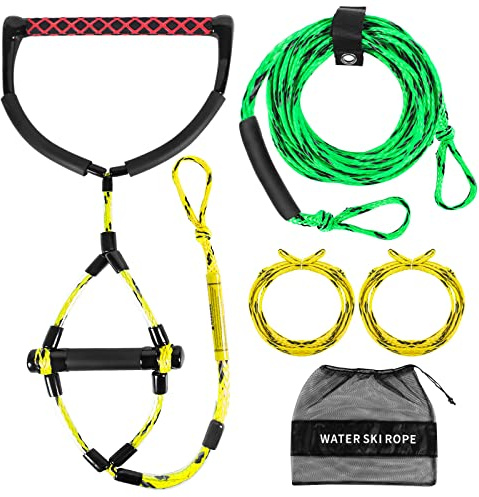 Wakeboard vattenskidor bogserlina för motorbåt vattensport rep med EVA-handtag (grön och gul 4 sektioner)