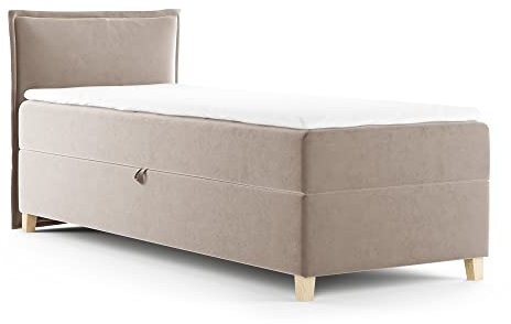 Boxspringbett Fren Mini mit Bettkasten - Einzelbett mit Bonell-Matratze und Topper, Polsterbett mit Holzfüße, Bett, Schlafzimmer, Kinderzimmer (Beige (Paros 02), 80 x 200 cm)