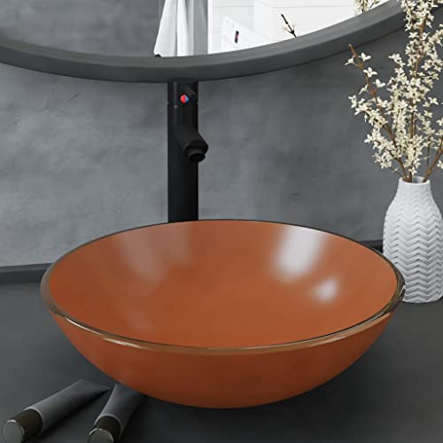 Homgoday Lavello da bagno con rubinetto e scarico a spinta in vetro temperato marrone, lavabo da appoggio, lavello per lavabo per bagno, lavabo da bagno per piccolo guardaroba bagno 2678