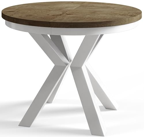 AlpiMeble Tavolo da pranzo rotondo LOFT, tavolo allungabile, diametro 100 cm/180 cm, colore marrone scuro, con gambe in metallo di colore bianco