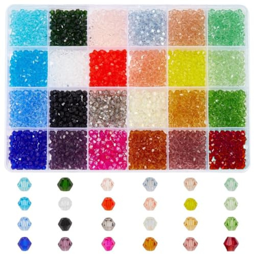PH PandaHall 2400pcs Perles de Verre Colorées 24 Couleurs Perle de Cristal 4mm Perle Colorée Brillante Perles Toupies à Facettes pour Été Bracelet Collier Boucle D'oreille Décor de Sacs à Fleurs
