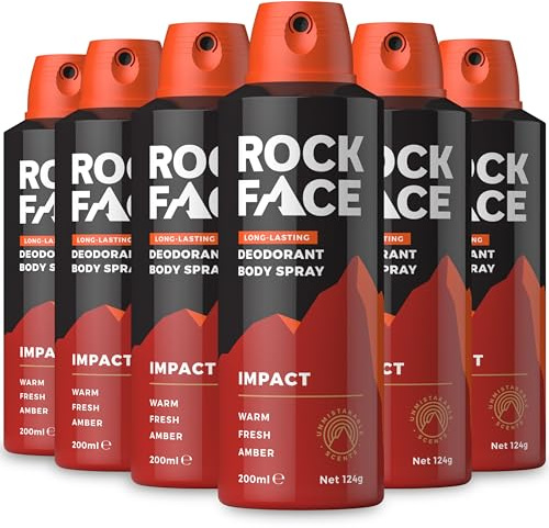 Rock Face Men's Deodorant Body Spray Bundle, Impact, 6 x 200ml | Value pack, fast-absorbing, non-staining formula, long-lasting freshness for active lifestyles, Amber & Ginger scent