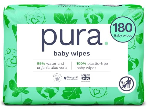 Pura Spülbare Öko-Baby-Feuchttücher für empfindliche Babyhaut, 1080 Tücher (18 x 60 Tücher), Monatsbox, 99% Wasser, 100% Plastikfrei, für Sensible, zu Ekzemen Neigende Haut, Biologisch Abbaubar