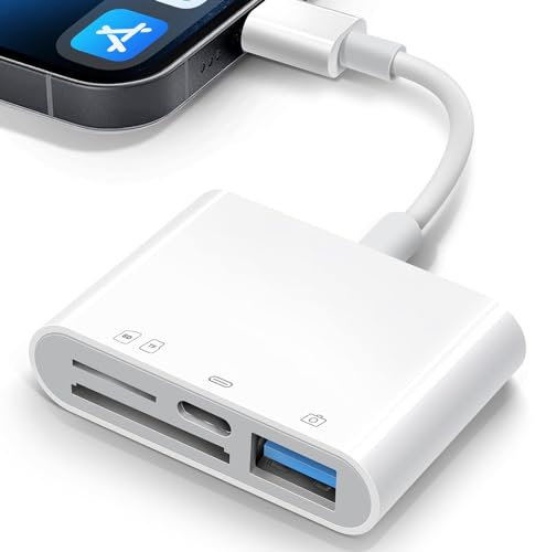 SD Card Reader for iPhone iPad, 4-in-1 Lightning Micro SD Card Reader with Charging, USB Port, Photography Memory Card Adapter, SD Card Adapter for iPhone 14/13/12/11/X/XS/XR/8/7/i-Pad