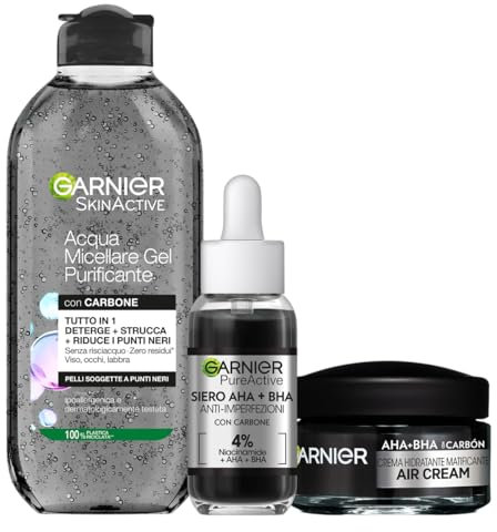 Garnier Kit SkinActive Acqua Micellare Gel Purificante, Siero AHA+BHA Anti-Imperfezioni, e Air Cream AHA+BHA Crema Opacizzante con Carbone, Pelle Purificata e Uniforme, 400 ml + 30 ml + 50 ml