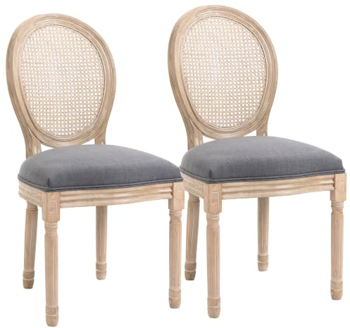 HOMCOM Esszimmerstühle 2er Set mit Rattan-Rückenlehne, Grau | Holzbeine, Küchenstuhl, Leinenoptik, Sessel Polsterstuhl, Wohnzimmerstuhl für Esstisch, Stühle