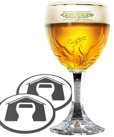 GarageBar Bicchiere da birra Grimbergen, 33 cl/mezza pinta, prodotto ufficiale, fornito con 2 tappetini antigoccia per birra