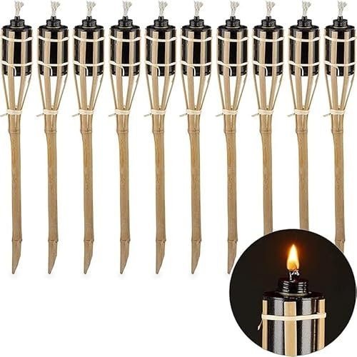 Paluplus 10 Fiaccole da giardino in bambù, Altezza 60 cm, torcia ad olio con stoppino, candela per esterno, fiaccola decorativa per Feste ed Eventi -2332