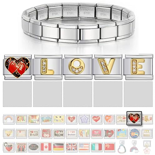 NOOFNO Italienisches Charm-Armband – Wählen Sie einen Starter mit Symbol- und Buchstaben-Charms, personalisiertes Namensarmband, Geschenk für Frauen, Männer, Liebe, Mutter, Vater, Familie, Freunde,
