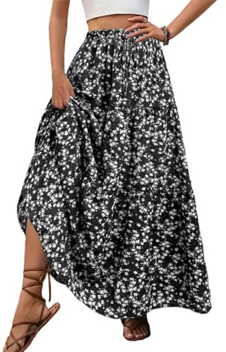 EMOTTOS Gonna Lunghe Estive Donna, Abito Boho Stampato Lungo Motivo, Floreale Casual Vita Alta Elasticizzato Gonne Swing Ballo Casual Estate Vacanza Vestito, Nero L