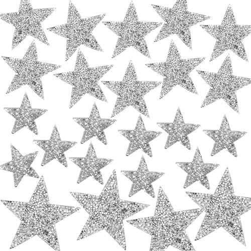 XQEUMC 24 Stück Silberweiß Fünfzackiger Stern Aufnäher Bügelbilder Glitzer Applikation Sterne Zum Aufbügeln für Jeans Kleidung Jacken Rucksäcke Hüte,8/6/4 cm