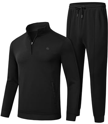 MoFiz Men's Track Suit Set 1/4 Zip Long Sleeve Jogging Top Bottom Fashion Casual Tracksuit Outfits Drawstring Elastic Waist with Pockets Black Size UK XL