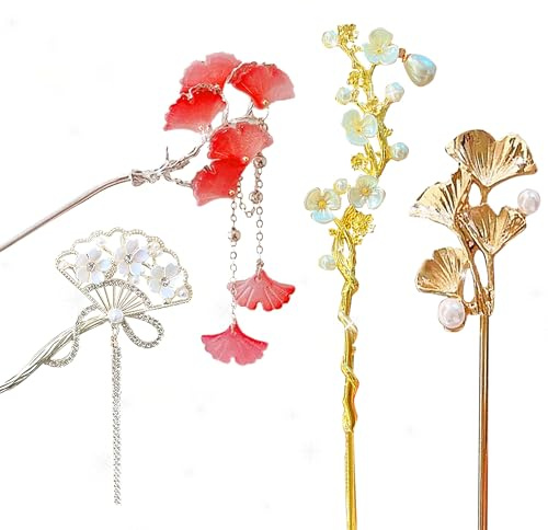 4 horquillas de pelo retro con flores japonesas, horquillas para el pelo chinas, palillos de pelo retro, palillos japoneses, accesorios para el cabello de flores para mujer, pelo largo