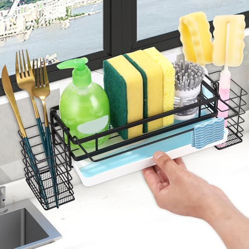 Zaxiva Spülbecken Organizer Küche Schwammhalter mit Abflusspfanne, Spüle organizer mit Spültuchhalter und Aufbewahrungsbox, Metall Sink Organizer Ohne Bohren für Küchenzubehör Schwamm/Bürste/Spülseife