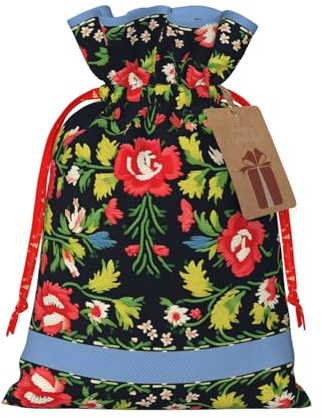 HJLUUFT Jutebeutel mit ukrainischer Stickerei, Rosen-Druck, Weihnachtsgeschenktasche mit Kordelzug und Geschenkanhänger, Hochzeit, Weihnachten, Partygeschenk