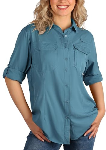 33,000ft Camisa de botones para mujer UPF50 Protección UV Camisa de secado rápido con botones Camiseta transpirable para senderismo Safari Ropa para ocio Pesca Viajes, azul, XL