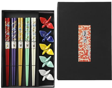 Set de Regalo para Palillos, 5 Pares Palillos de Bambu Japoneses Chopsticks Reutilizables, en una Hermosa Caja Negra Hecha a Mano, Regalo Hecha a Mano(Cisne)