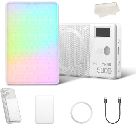 Godox MA5R magnetisk RGB-videolampa med 14 FX-ljuseffekter, dimbar 1800K till 1 0000K, laddningsbart batteri 4900 mAh, stöder NFC/Bluetooth-anslutning, för iPhone för TikTok,Vlog (vit)