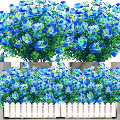 NOV FIRE Artificial Flowers for Outdoors UV Resistant Fake Flowers,8 Bundles Outside Faux Plastic Flower Shrubs for Patio,Garden,Porch Décor(Blue)