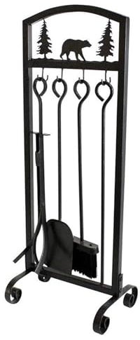 HSIRYAOHD Lot de 5 outils de cheminée en fer forgé pour extérieur/intérieur, accessoires de foyer avec tisonnier, pince, pelle, brosse et support