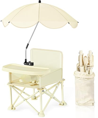 YZNlife Baby Beach Chair with Umbrella Travel Booster Seat with Tray Compact Baby Folding Chair with Storage Bag, Backrest Pocket for Dining Table Lawn Toddlers Kids Boys Girls