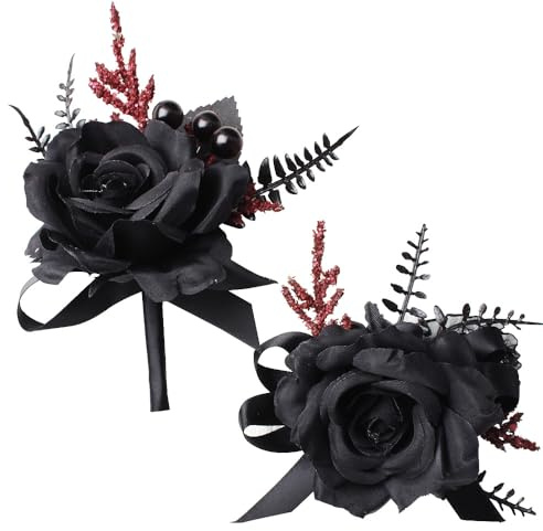 JHCYULUO Schwarze Handgelenk-Ansteckblume und Ansteckblume Set für Hochzeit künstliche Blumen Zubehör Abschlussball Party Dekoration (schwarz)