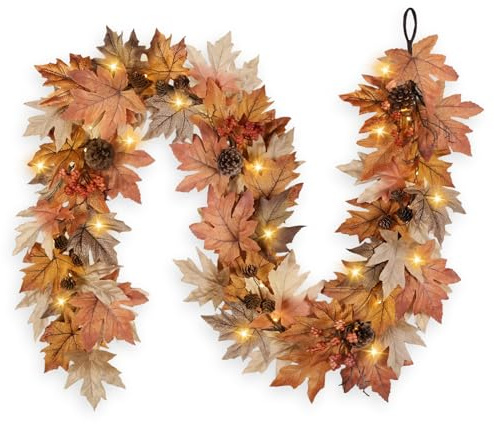 6 FT Fall Garland with Lights Timer Function Fall Leaves Garland with Berries Pine Cones Realistic Autumn Automatic ON/Off Timer Fall Decorations for Home Mantle Fireplace Porch Table