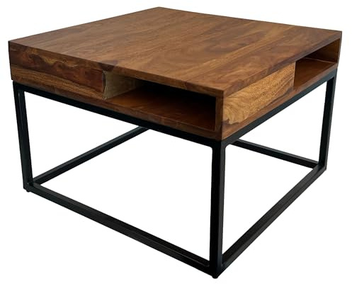 FineBuy Couchtisch 60x60x40 cm Sheesham Massivholz mit 4 Ablagen | quadratischer Wohnzimmertisch naturfarben mit stabilem Gestell, Sofatisch aus Echtholz, handgefertigt