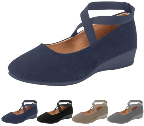 UK Womens Low Wedge Ballerina Ankle Elastic Crossing Strap Round Toe Comfy Pump Shoes Comfy Dolly Shoes for Ladies Clearance