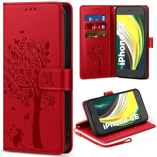 EASDNB Handyhülle für iPhone 7/8/SE Hülle Lederhülle Flip Wallet Case | 3 Kartenfächer, Magnet, Ständer, Premium Leder Prägung, Magnetic Closure, RFID Blockierung Klapphülle, Rot