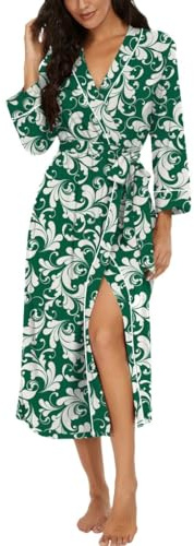 PrinStory Badrockar för kvinnor, lätt kimono, kläder, 3/4 ärmar, damer, morgonrockar, långa nattkläder, ledig, loungewear, basturock, Grönt akanthus, M